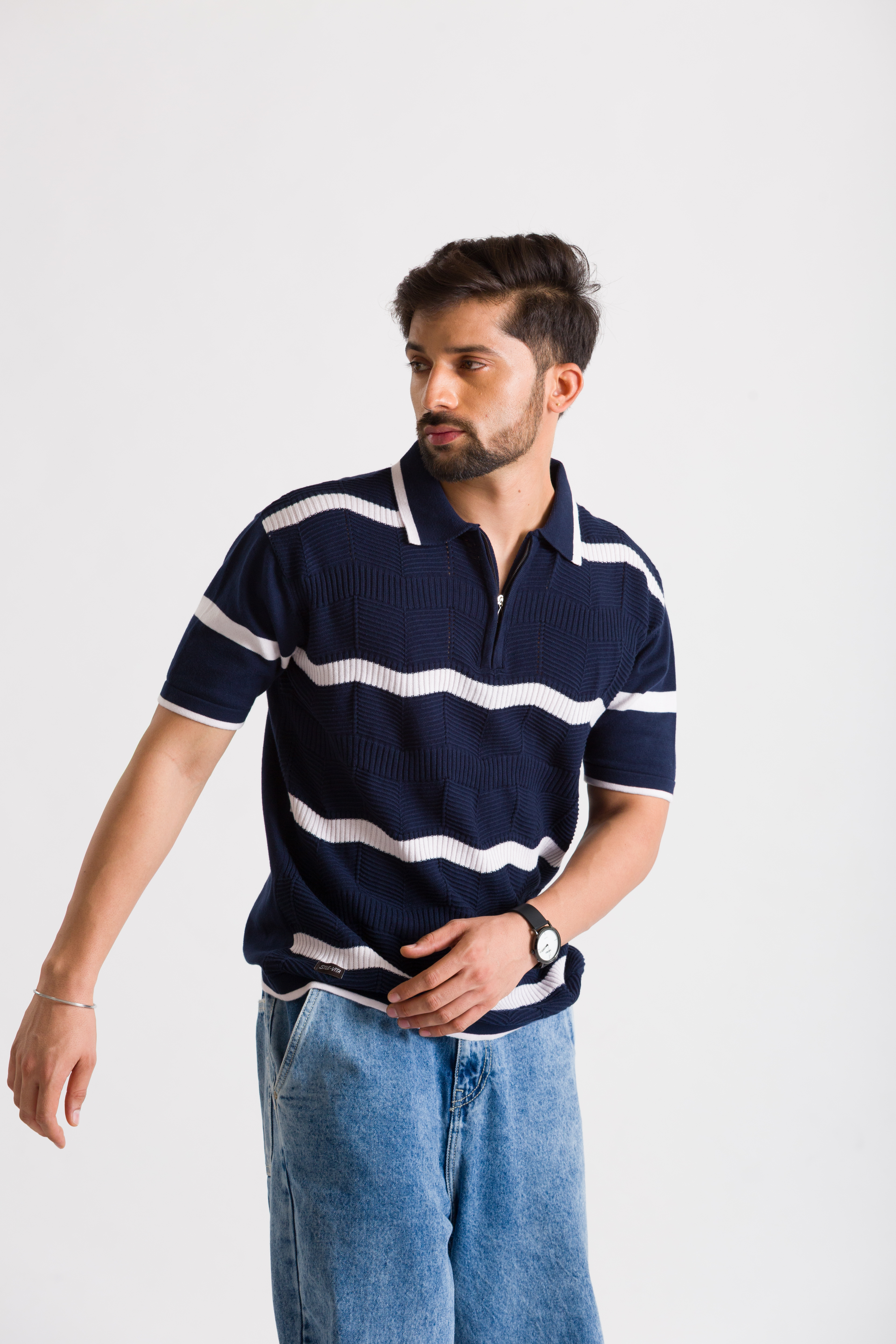 Knitted Navy Blue (White Curvy Stripe) Polo T-Shirt